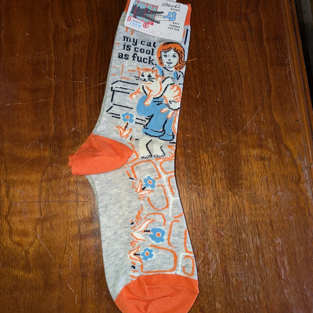 Blue Q Cat Crew Socks - Orange, Blue, Cream Graphic